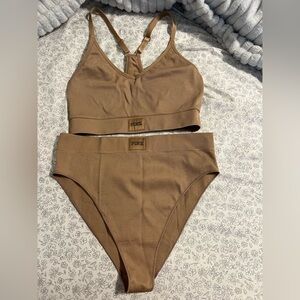 PINK Victoria's Secret Light Brown Ribbed Fabric underwear set